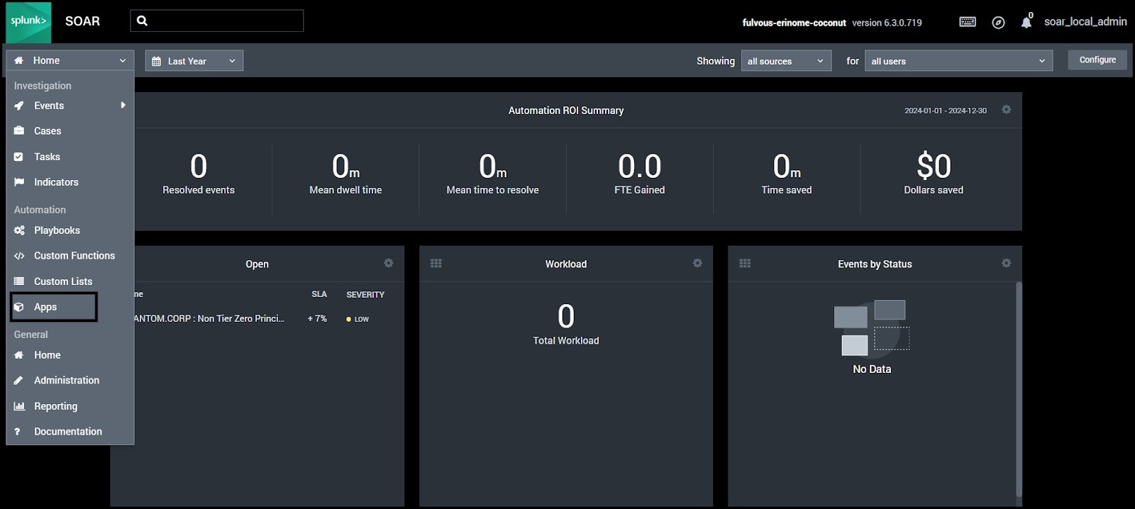 Splunk SOAR home dropdown with Apps option highlighted