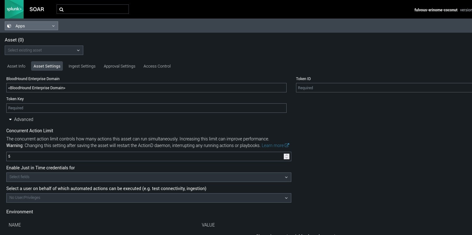 Splunk SOAR BloodHound Enterprise app asset settings page for API credentials configuration with BloodHound Enterprise Domain, Token Key, and Token ID fields
