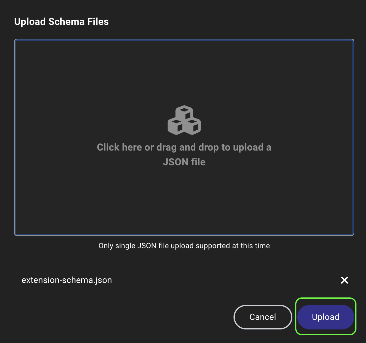 A screenshot showing the OpenGraph Management page with the Upload Schema Files dialog open, allowing the user to select a file and upload it.