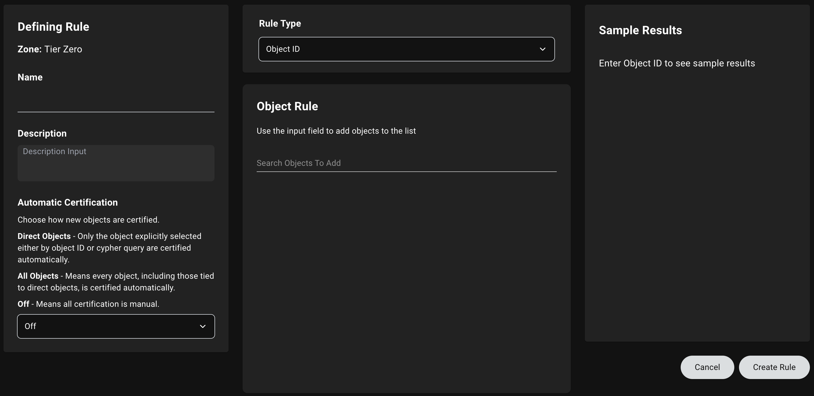 A view of the Zone Builder define zone rule page