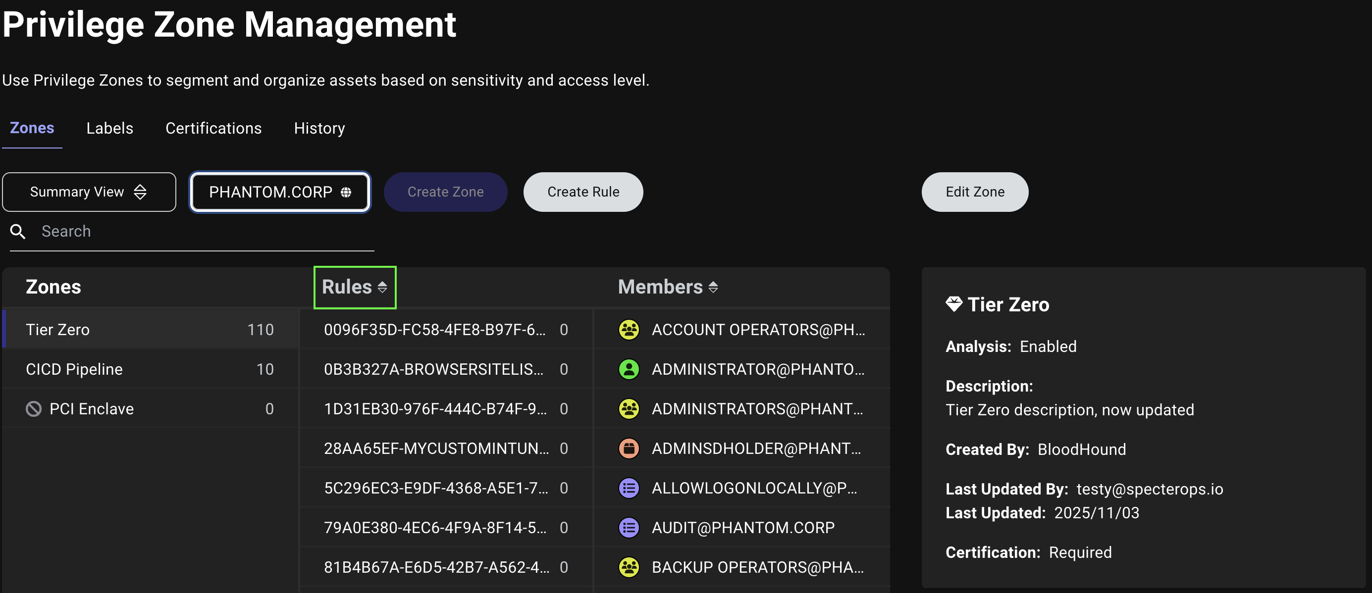 A view of the Privilege Zone Management page showing the renamed Rules section