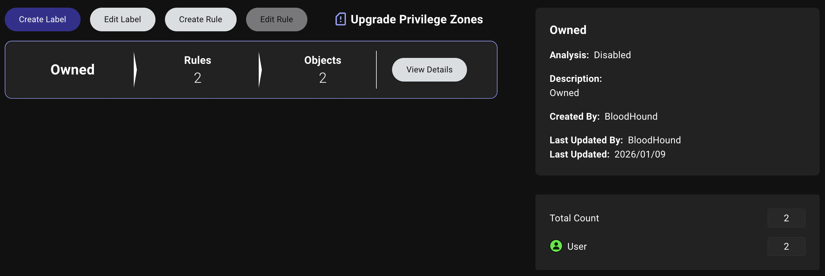 A view of the Zone Builder labels summary view