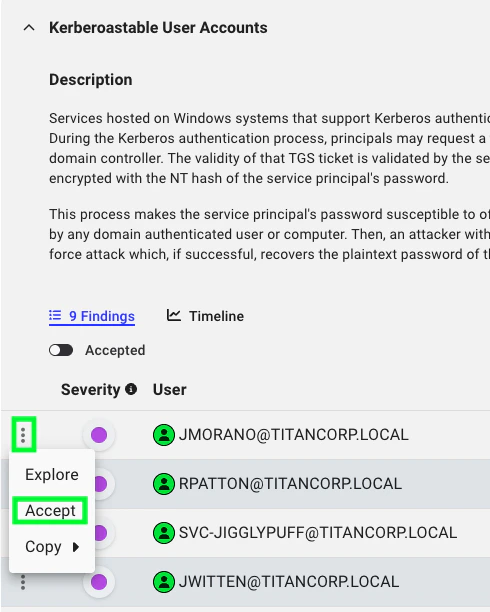 A view of an expanded finding that shows the accept option