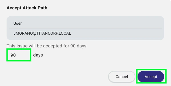A view of the accept attack path window that shows the duration setting