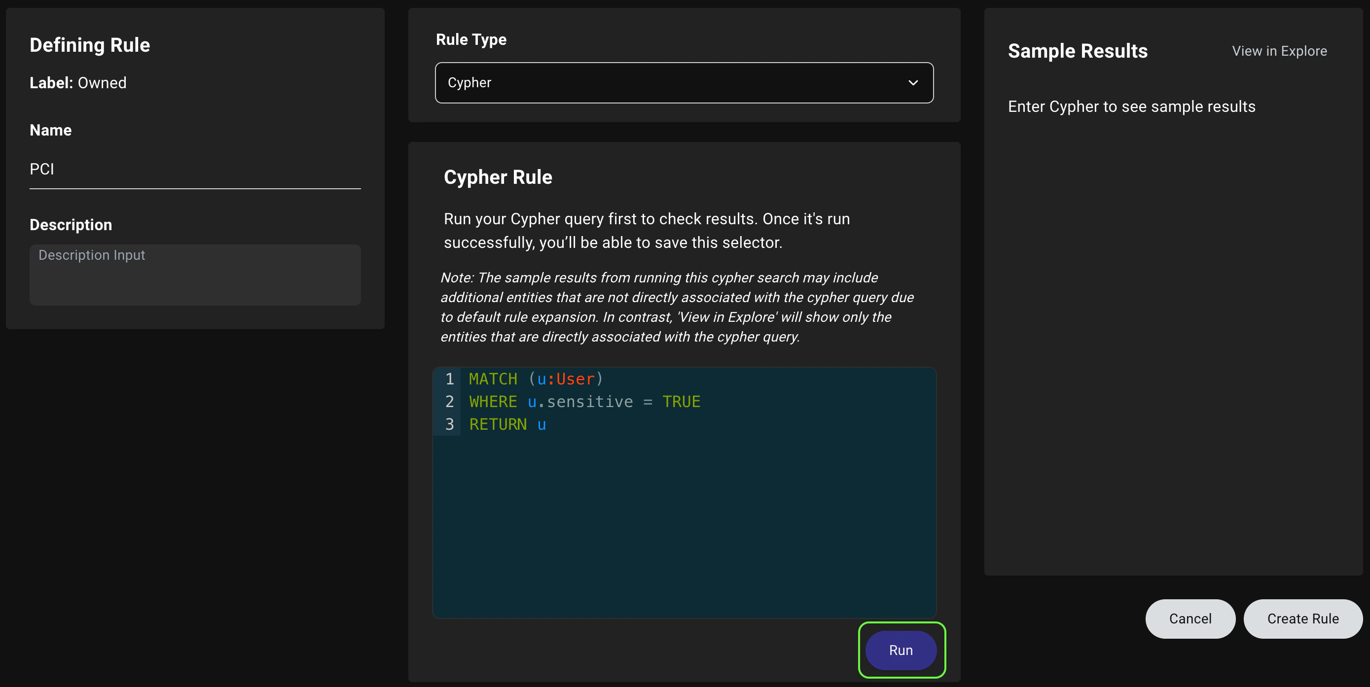 A view of defining a Cypher-based rule highlighting the new Run button