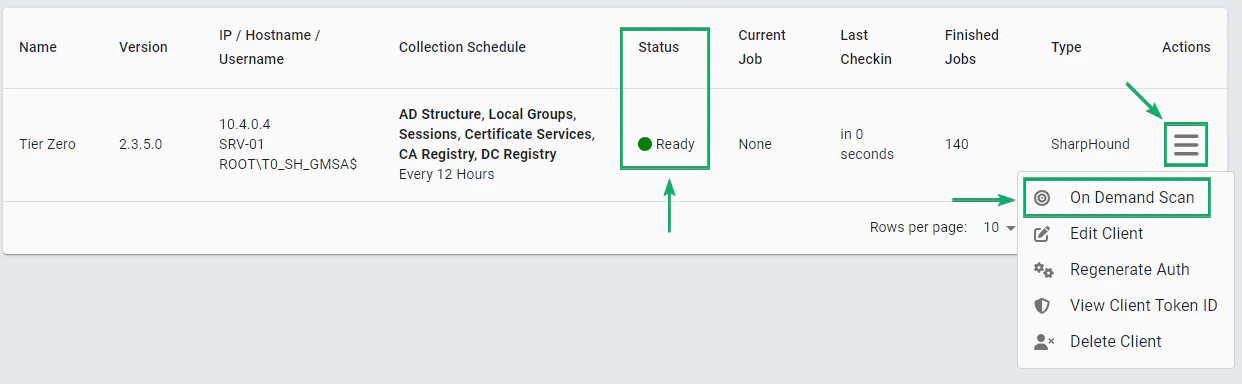 A collector client with the Action menu open and On Demand Scan selected