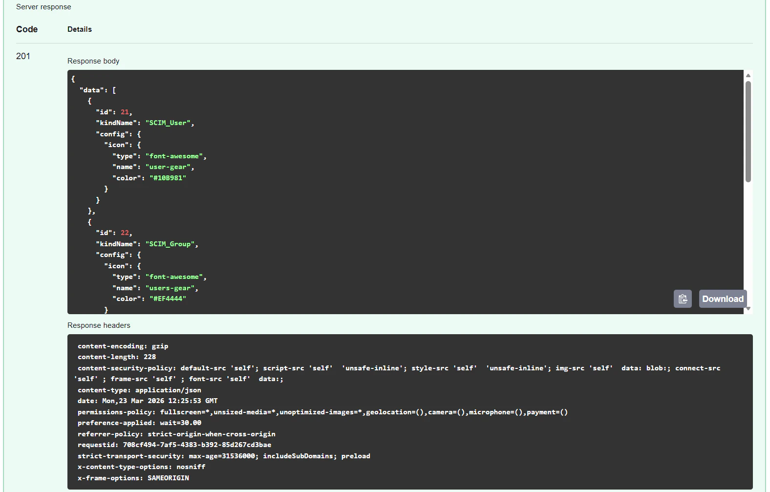 API Explorer showing a successful 201 response with the custom icon configuration