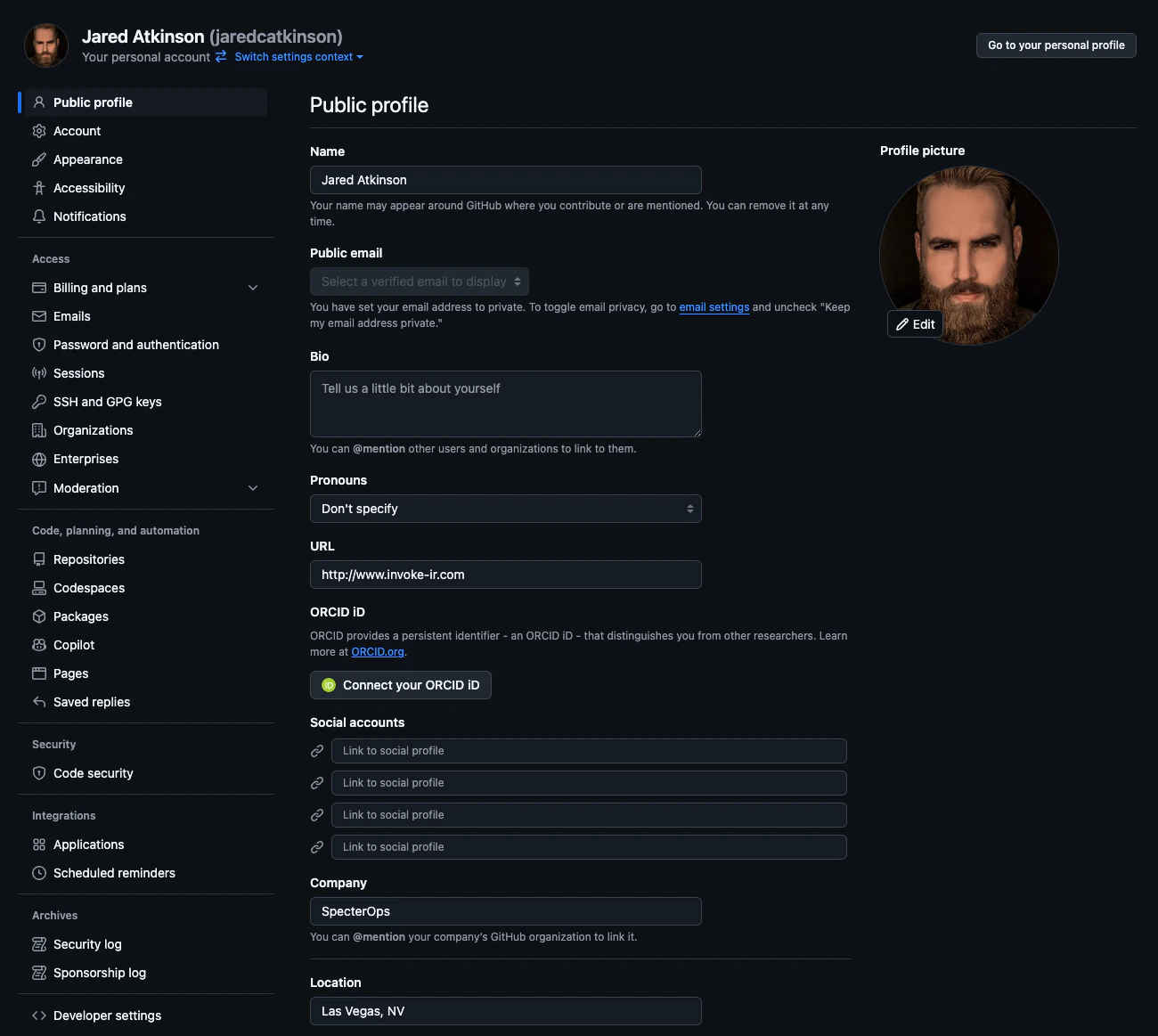 Developer settings in GitHub profile