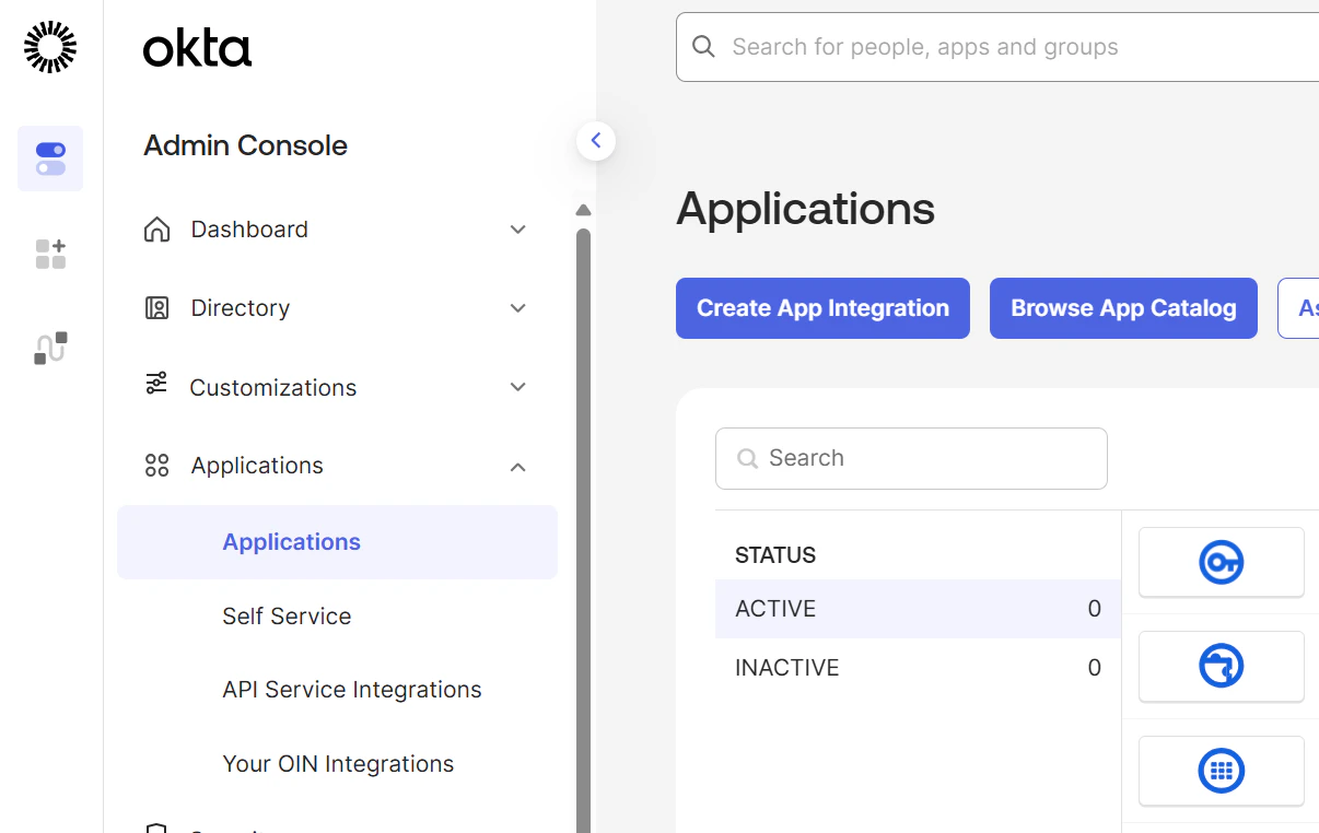 Okta Admin Console - Applications page
