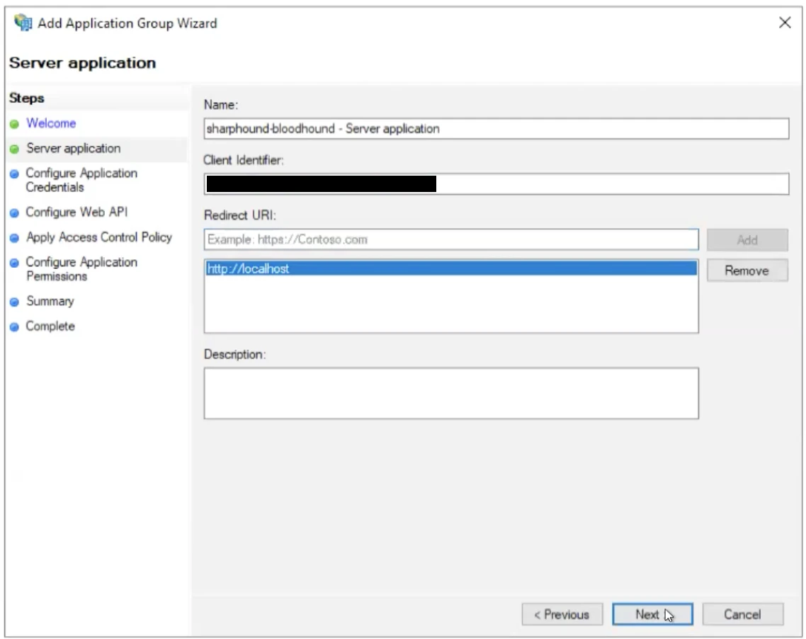 A view of the Server Application configuration page in the Add Application Group Wizard