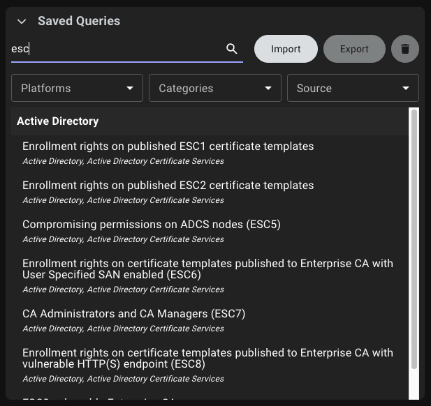 New ADCS queries shown in the new Saved Queries view in BloodHound v8.2.0