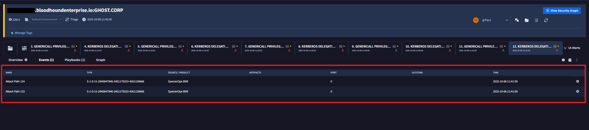 Google SecOps alert showing the events generated for a BloodHound Enterprise finding.