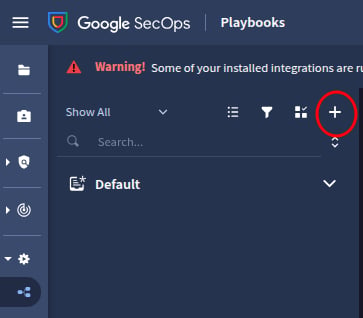 Google SecOps Playbooks page showing the add icon.