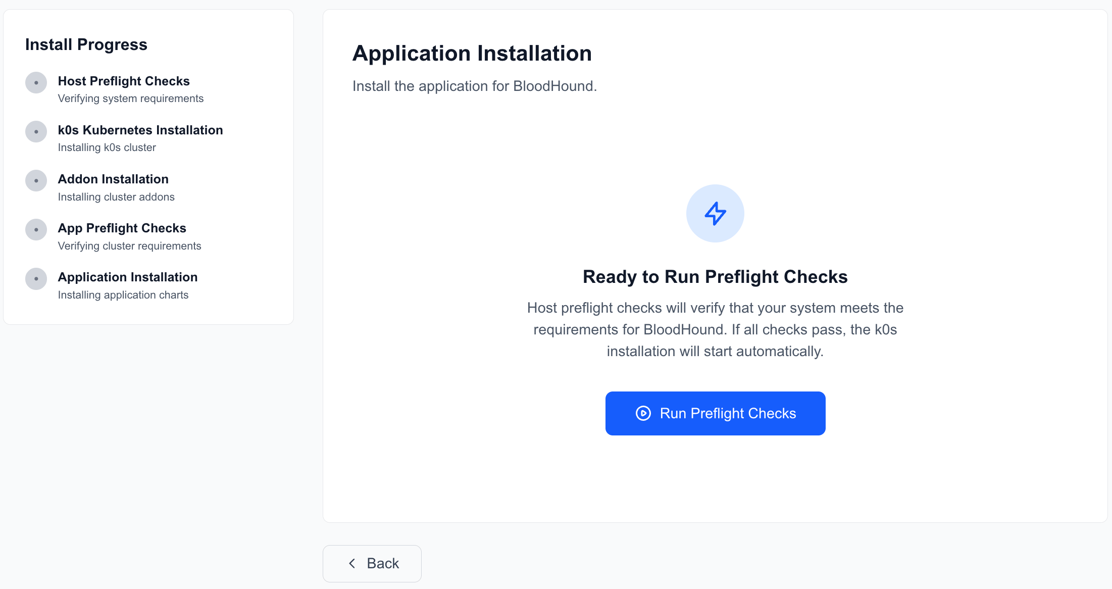 A screenshot showing the preflight checks step of the BloodHound Enterprise web-based installer