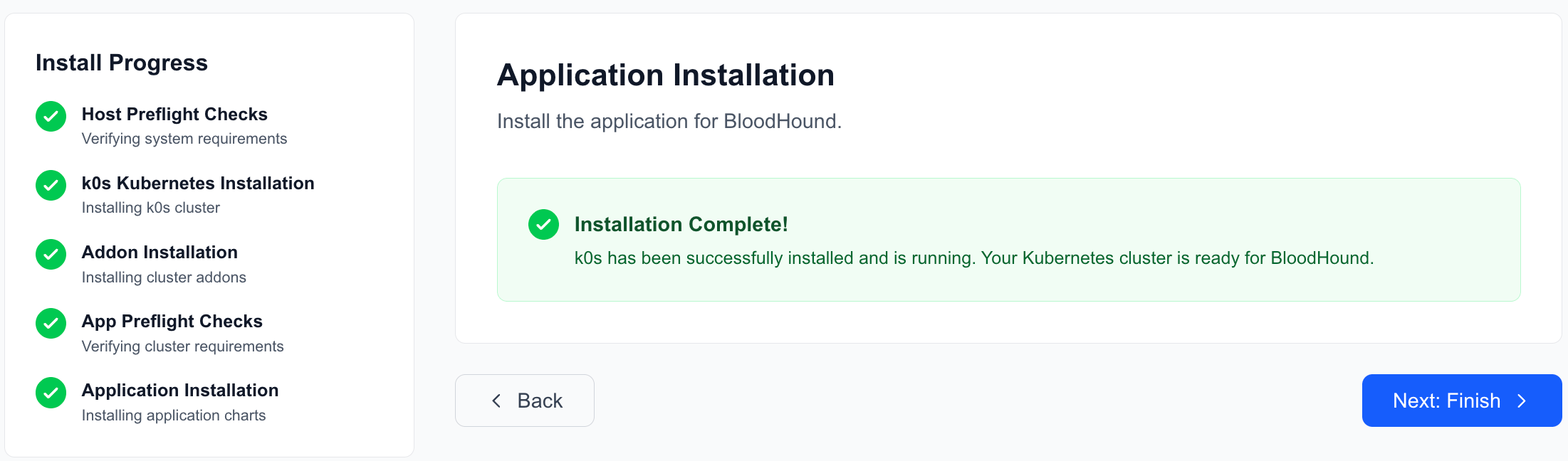 A screenshot showing the installation success step of the BloodHound Enterprise web-based installer