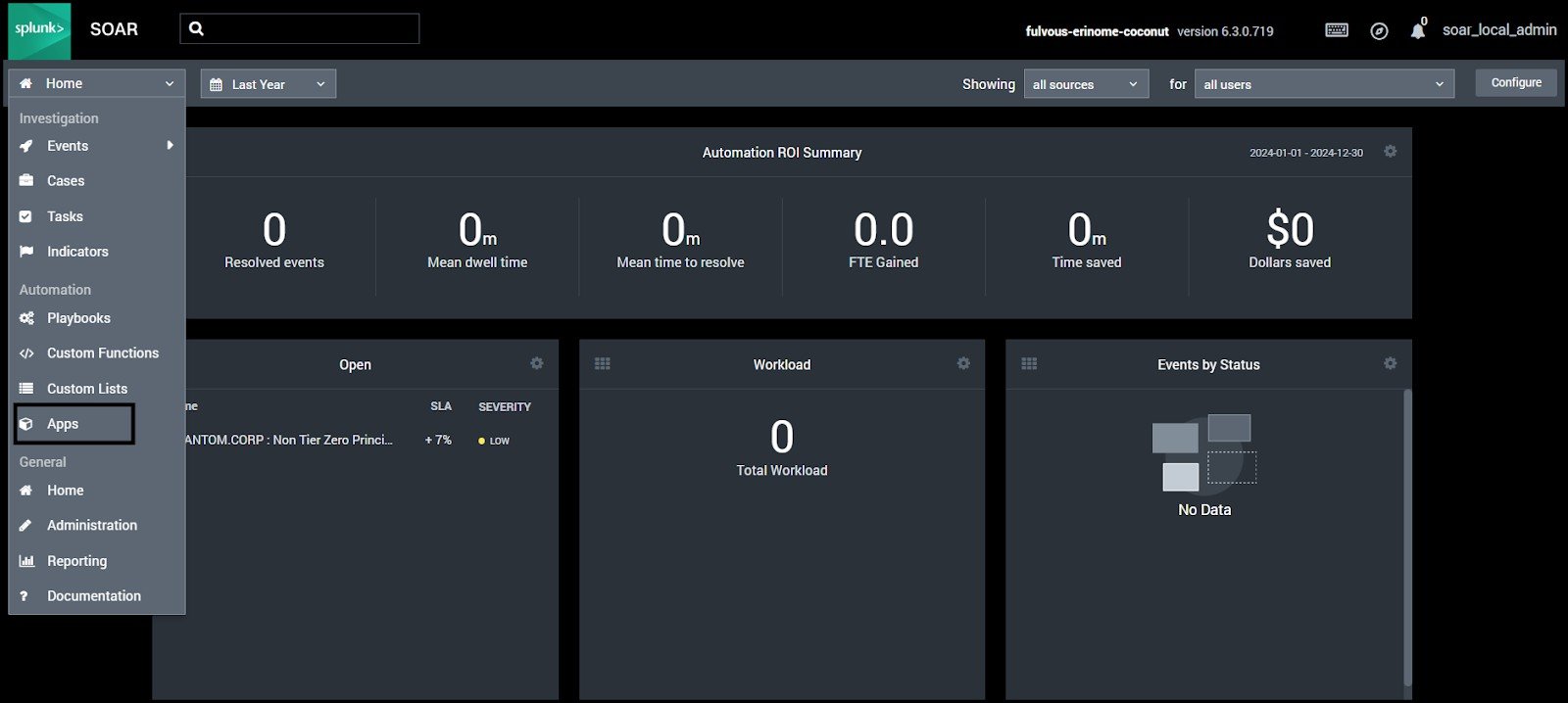 Splunk SOAR home dropdown with Apps option highlighted