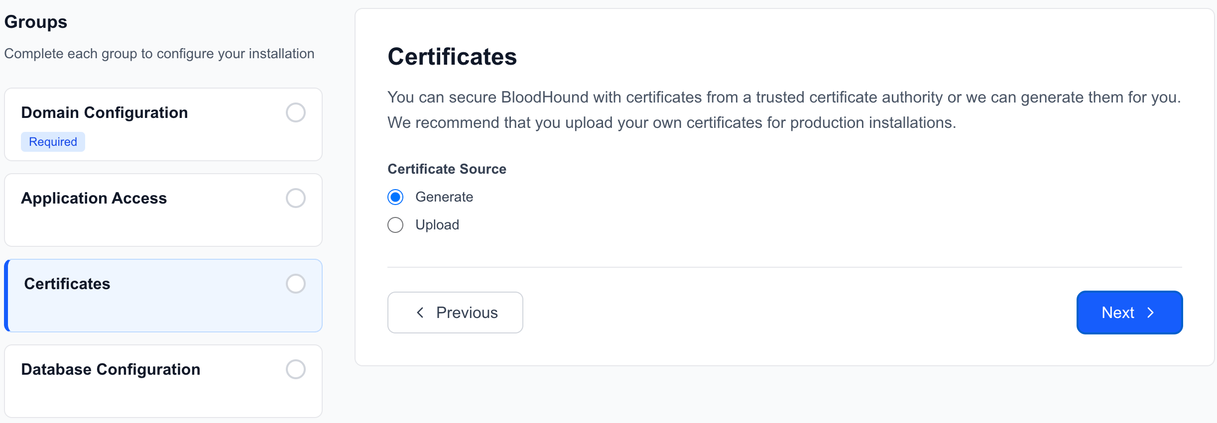 A screenshot showing the certificate configuration step of the BloodHound Enterprise web-based installer