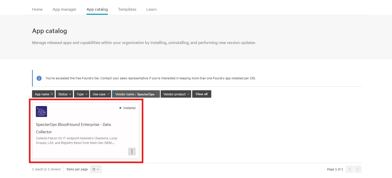 A screenshot of the Foundry app catalog showing the SpecterOps BloodHound Enterprise - Data Collector application
