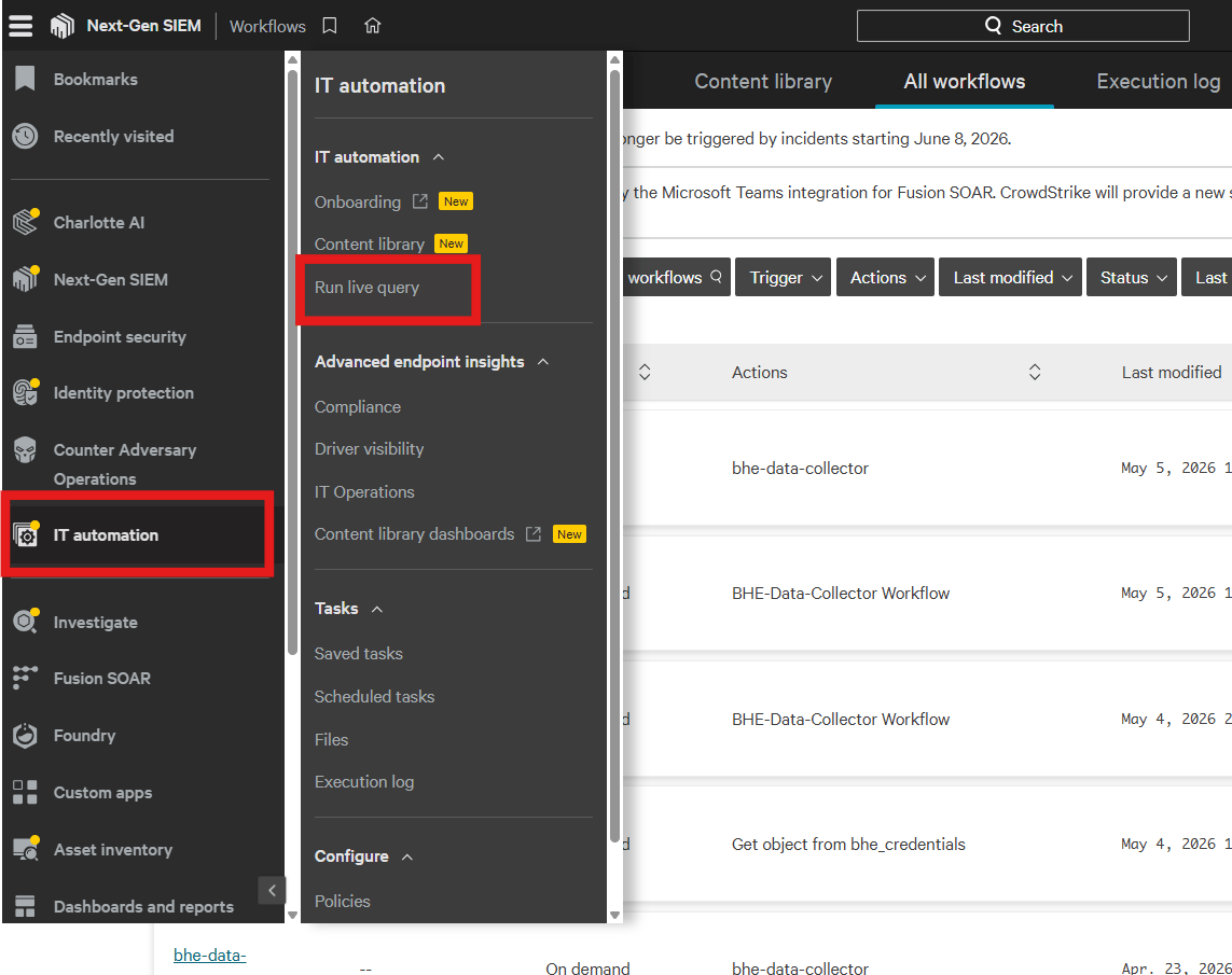A screenshot of the run live query interface