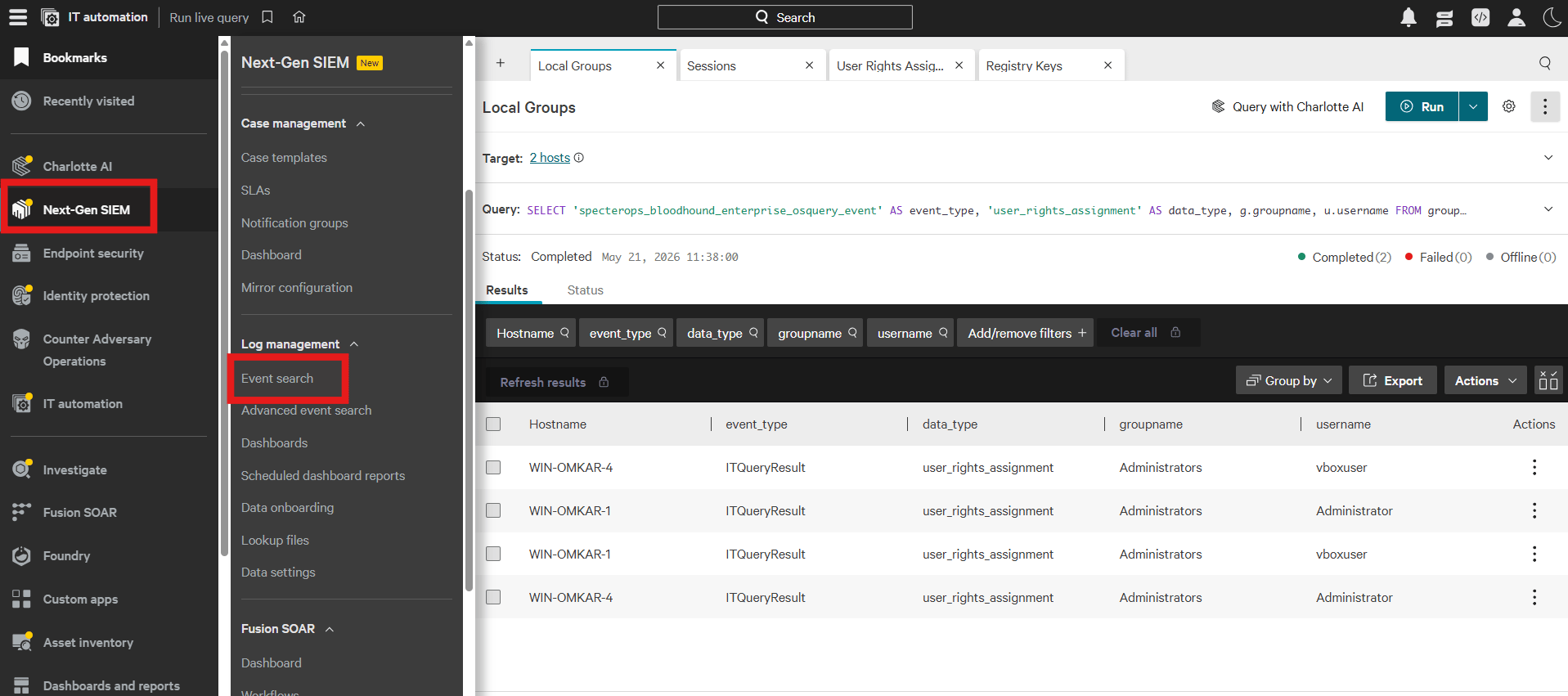 A screenshot of the event search interface in Falcon Next-Gen SIEM