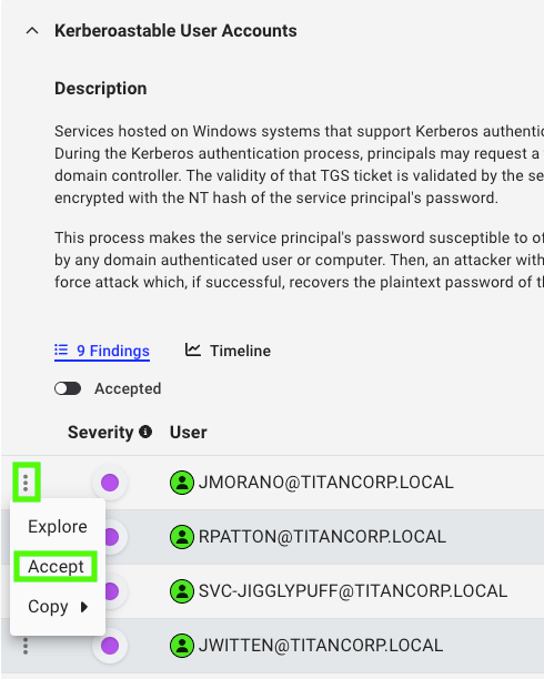 A view of an expanded finding that shows the accept option