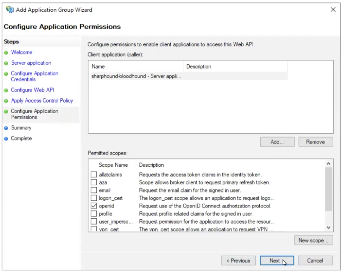 A view of the Configure Application Permissions page in the Add Application Group Wizard