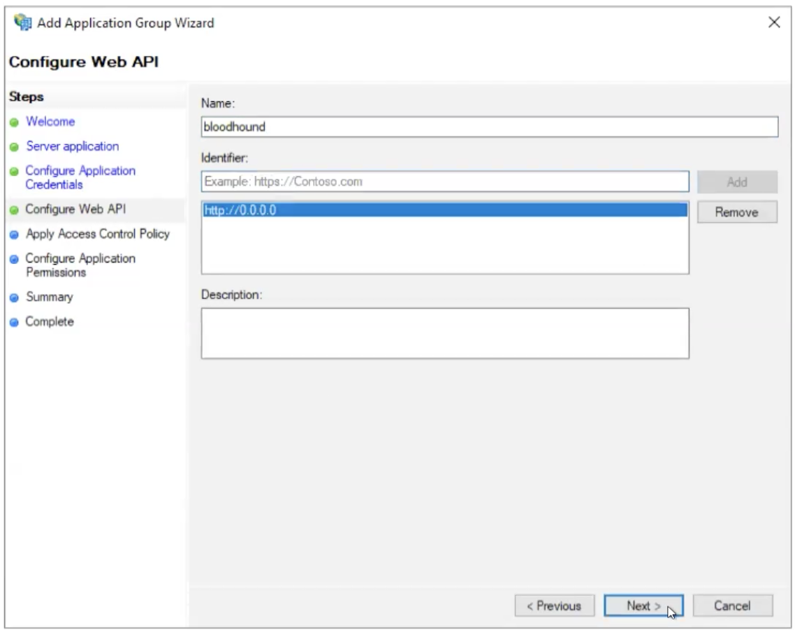 A view of the Configure Web API page in the Add Application Group Wizard