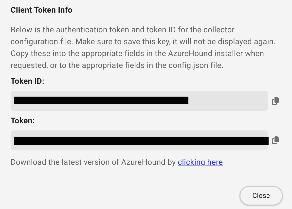 A view of the client token info screen for AzureHound Enterprise