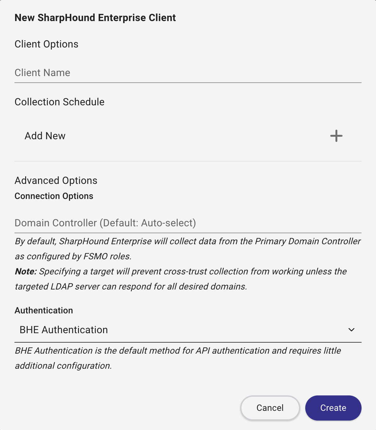A view of the Create Client screen for SharpHound Enterprise