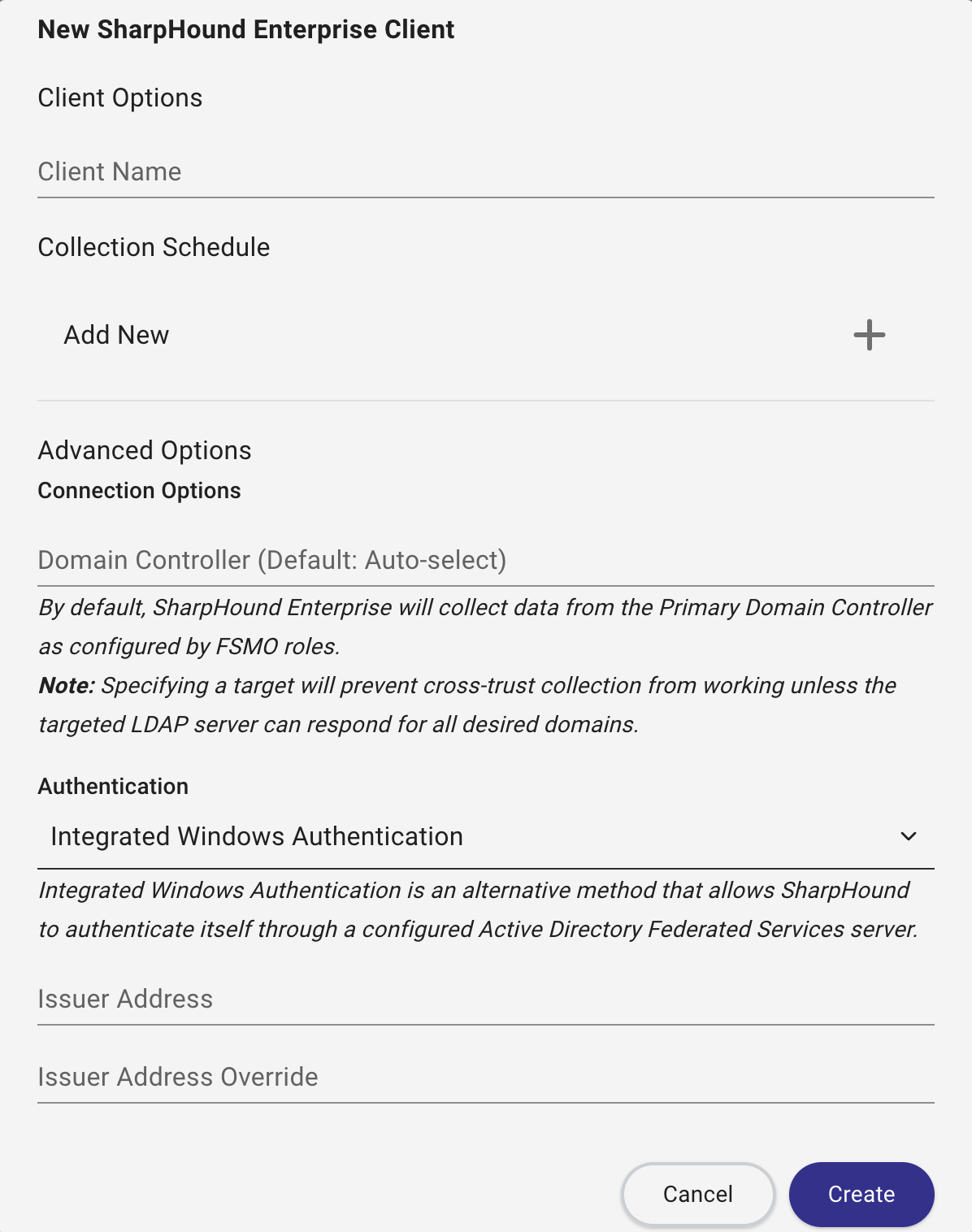 A view of the Create Client screen for SharpHound Enterprise IWA