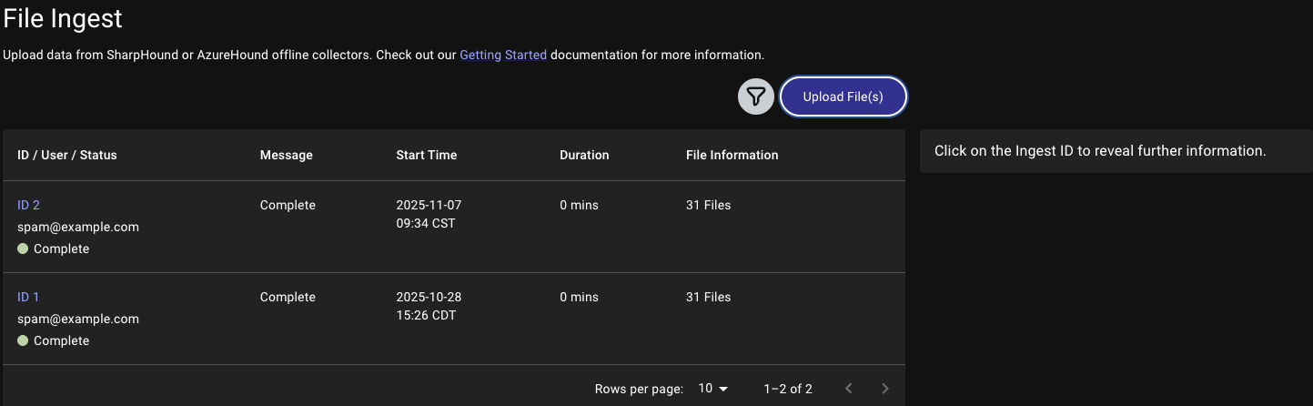 File Ingest screen showing the Upload File(s) button