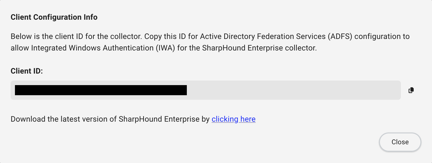 A view of the client configuration info screen for SharpHound Enterprise IWA