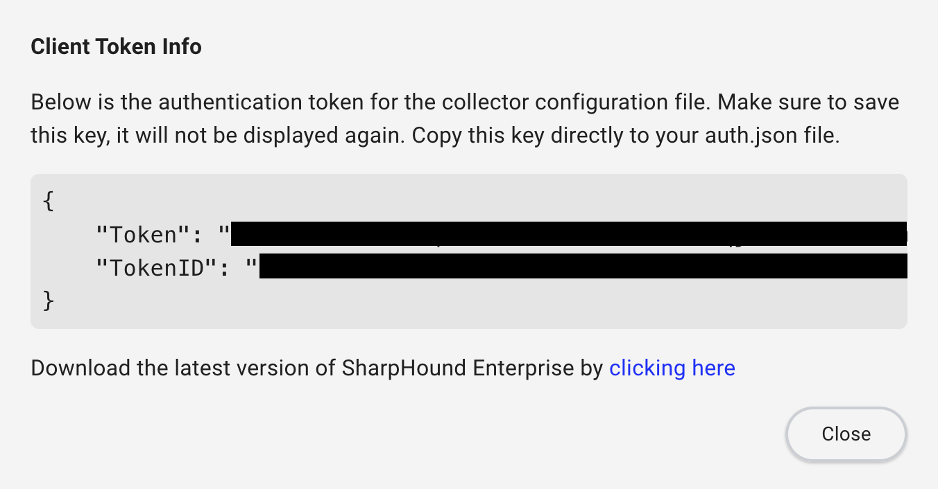 A view of the client token info screen for SharpHound Enterprise