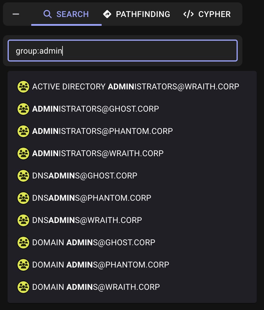 A view showing how to search for group nodes containing the word admin in the Explore page