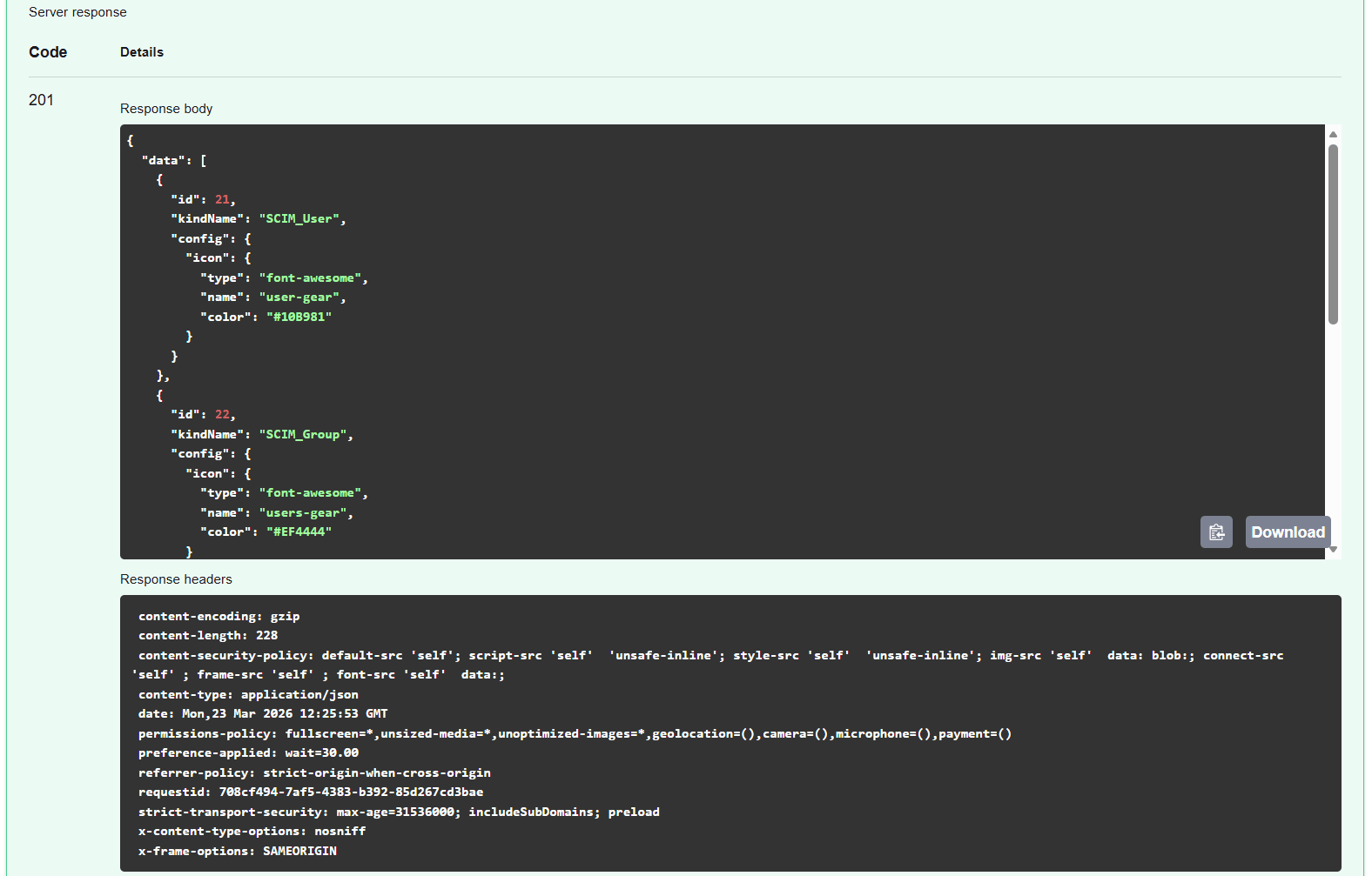 API Explorer showing a successful 201 response with the custom icon configuration