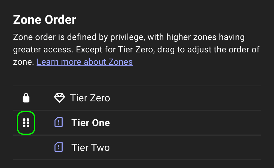 A view of the Zone Builder zone reorder control