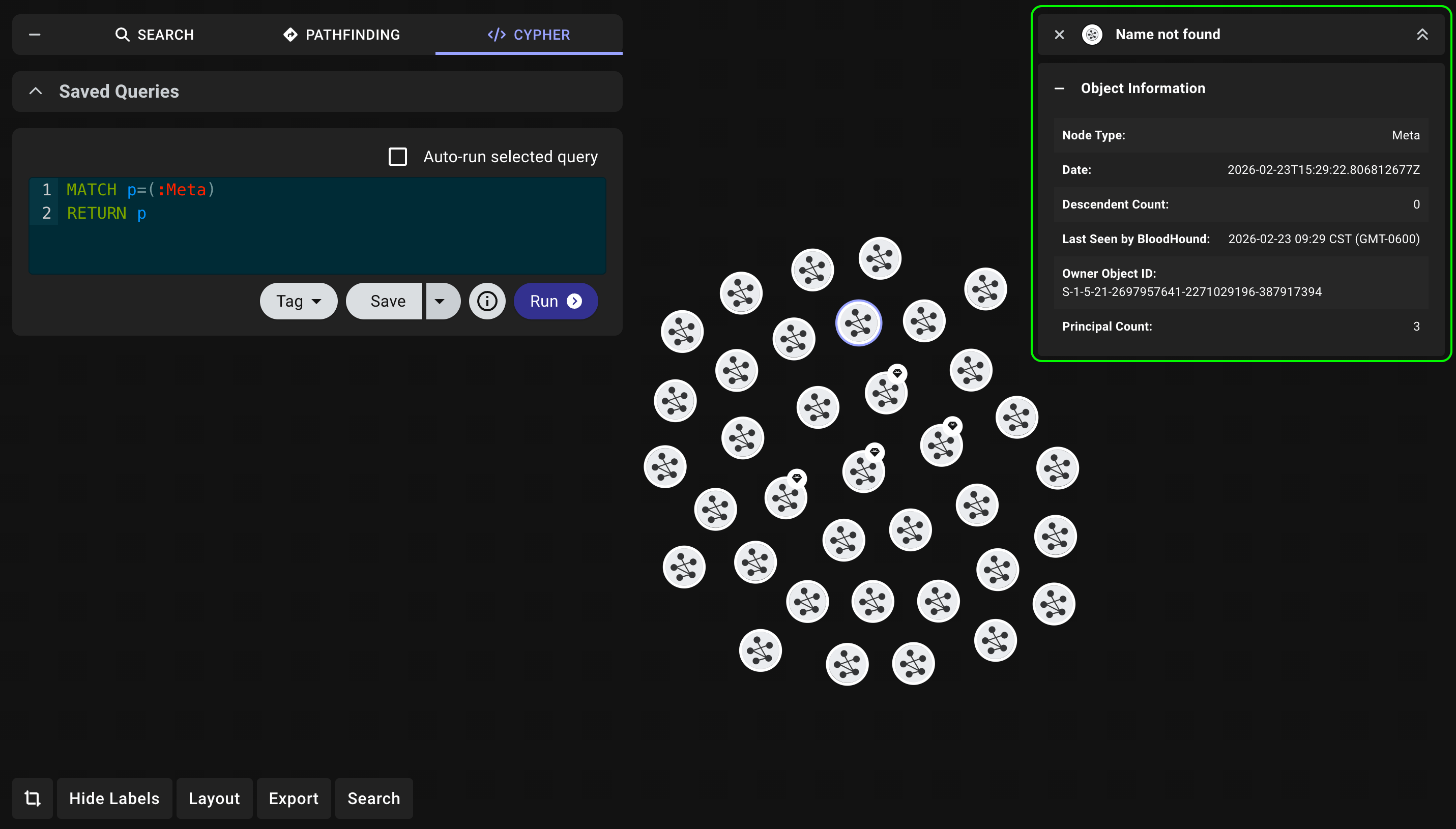 A view of the Entity panel showing information for a Meta node