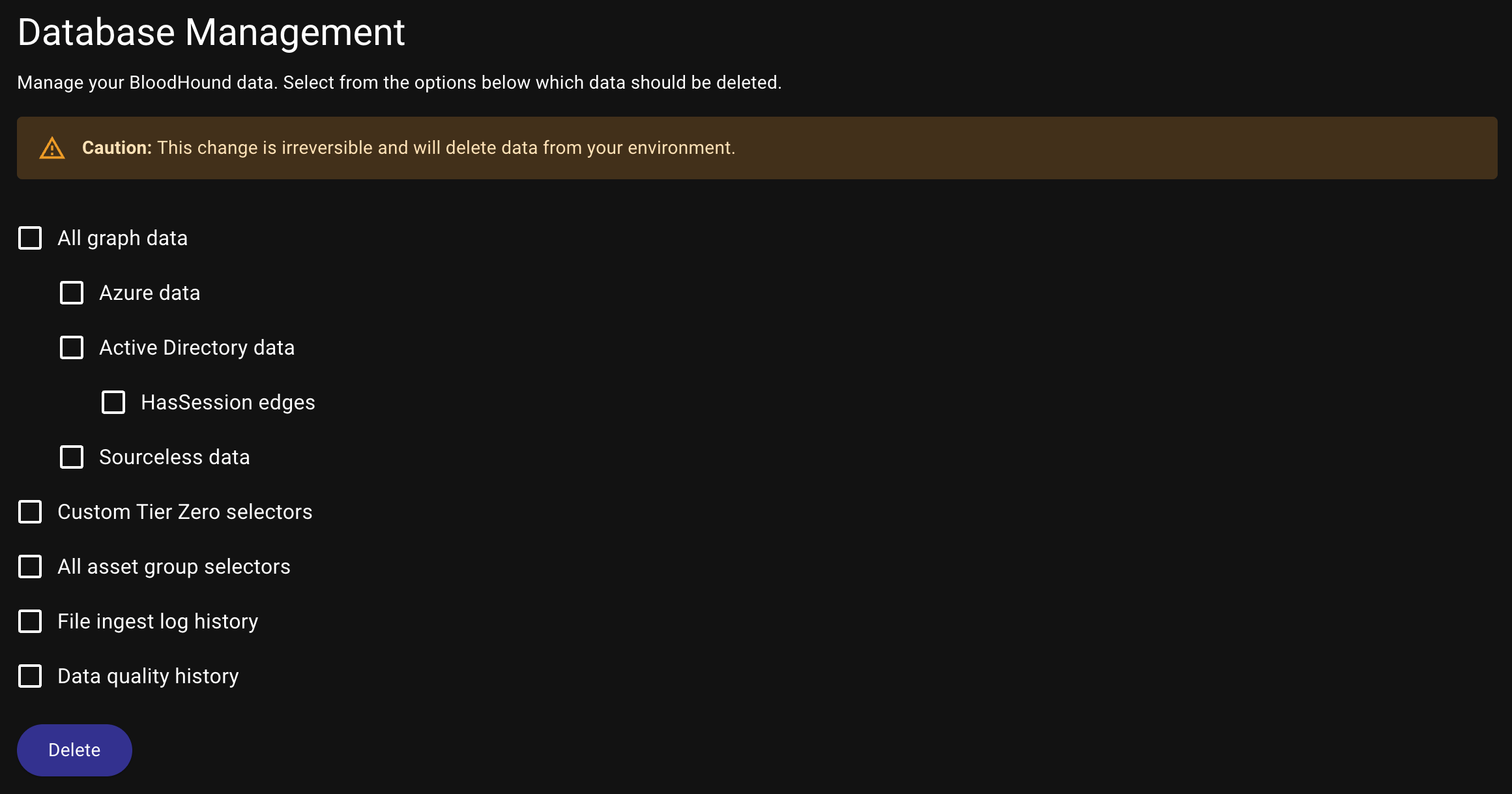 Database Management page showing new HasSession deletion controls