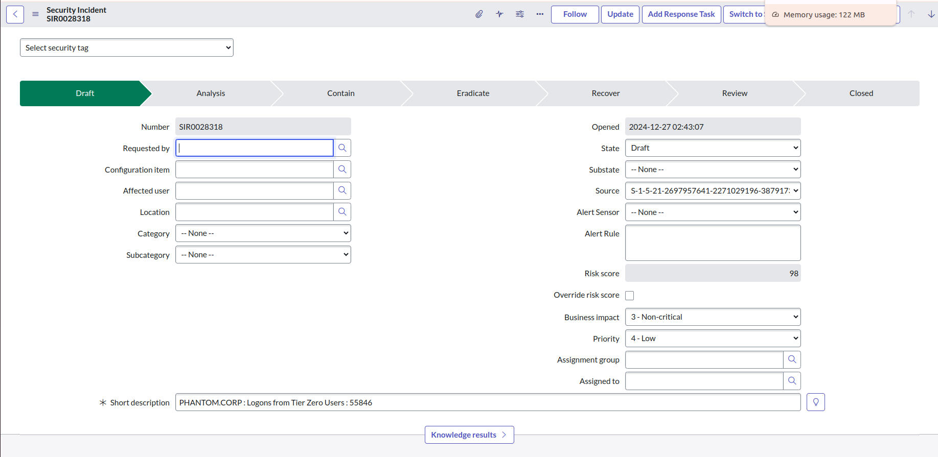 A view of the ServiceNow user interface showing the process of updating a security incident.