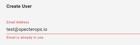 A view of the error message shown when attempting to create a user with a duplicate email address.