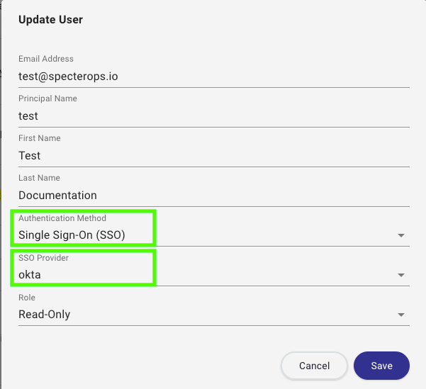A view of the Update User dialog with the Single Sign-On authentication method selected.