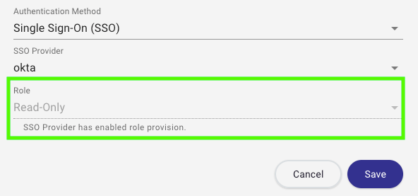 A view of the Update User dialog with the Single Sign-On authentication method selected and provisioning enabled.