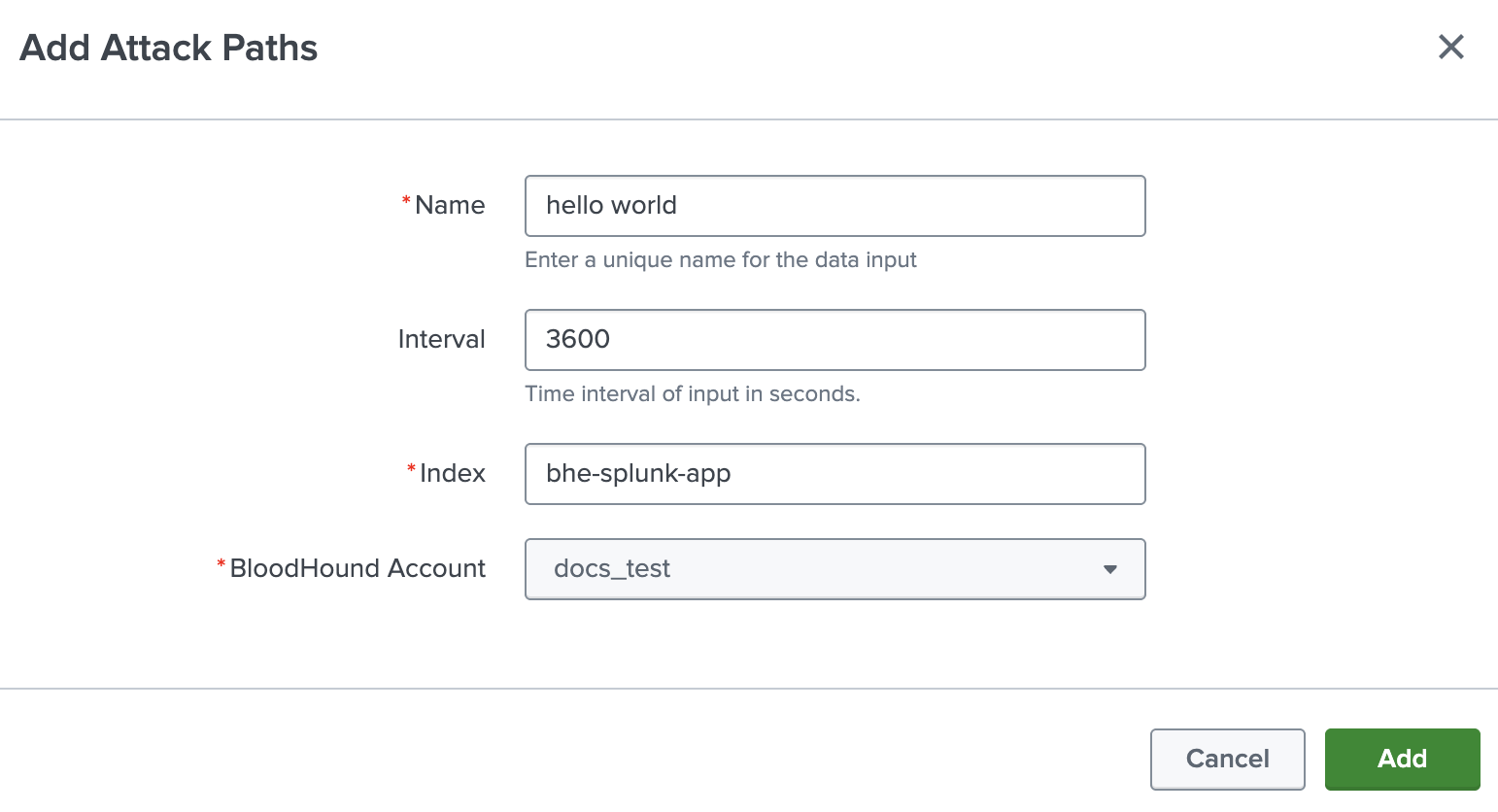 A view of the Splunk 'Create New Input' configuration page showing the fields filled out for creating a new input.