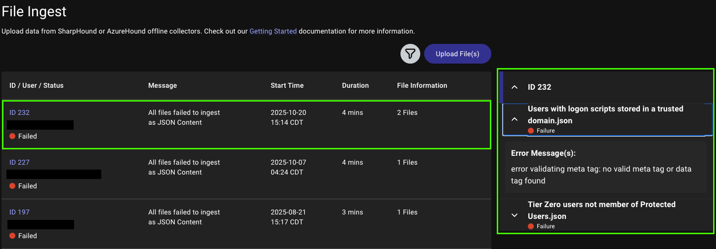 File Ingest screen showing details about a failed file ingest