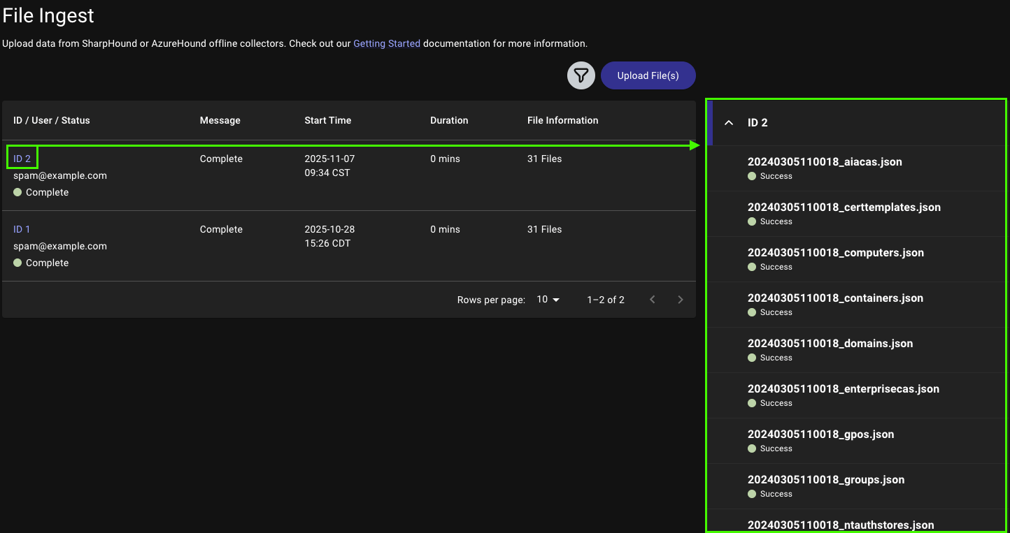 File Ingest screen showing the upload details panel