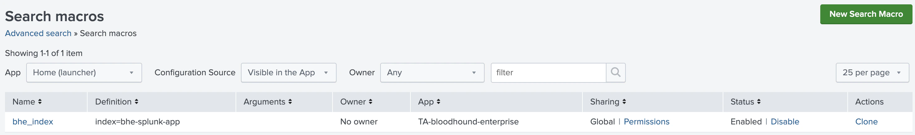 A view of the Splunk 'Search Macros' page showing the default 'bhe_index' macro.