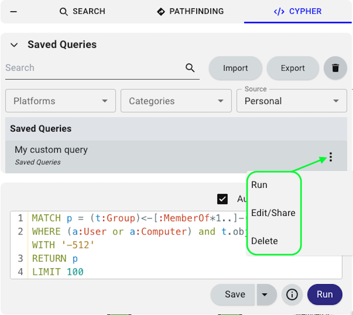 Edit and delete saved queries