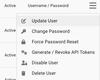 A view of the Manage Users page with the hamburger menu button highlighted for a user.