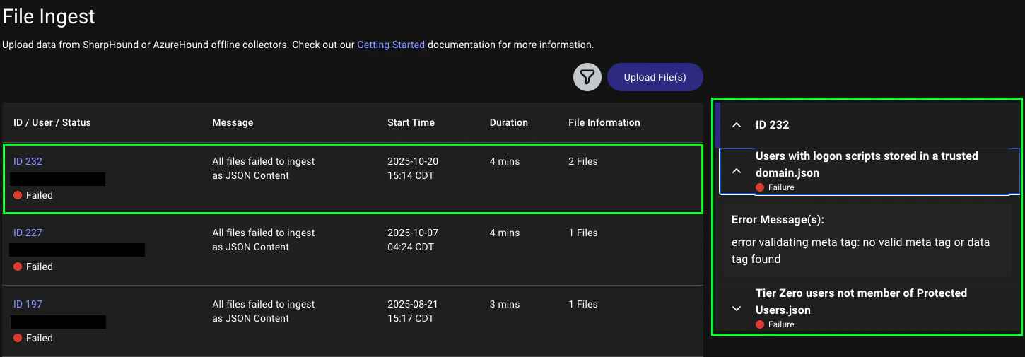 File Ingest screen showing details about a failed file ingest