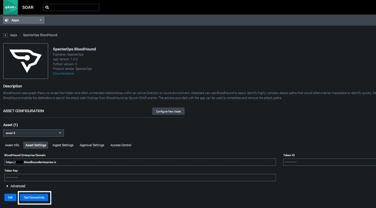 Splunk SOAR test connectivity page